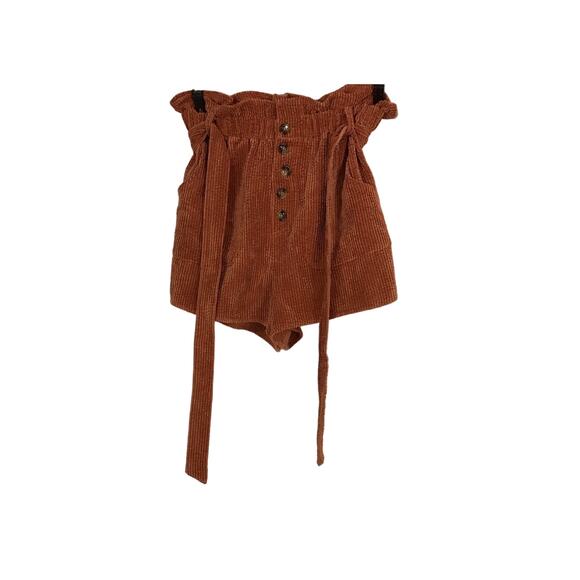 She + Sky Pants - She t Sky  Women's Button Up Corduroy Shorts with Belt, Ruffle Waist Pockets M